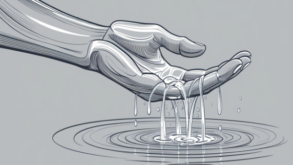 grayscale illustration showing hand scooping up water